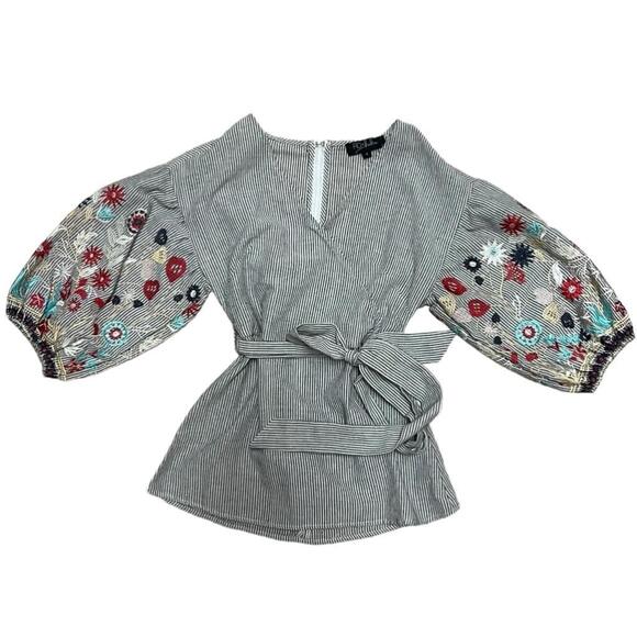RD + Koko Tops - RD & KoKo Striped Floral Embroidered Blouson Puff Sleeve Wrap Top Womens Size S